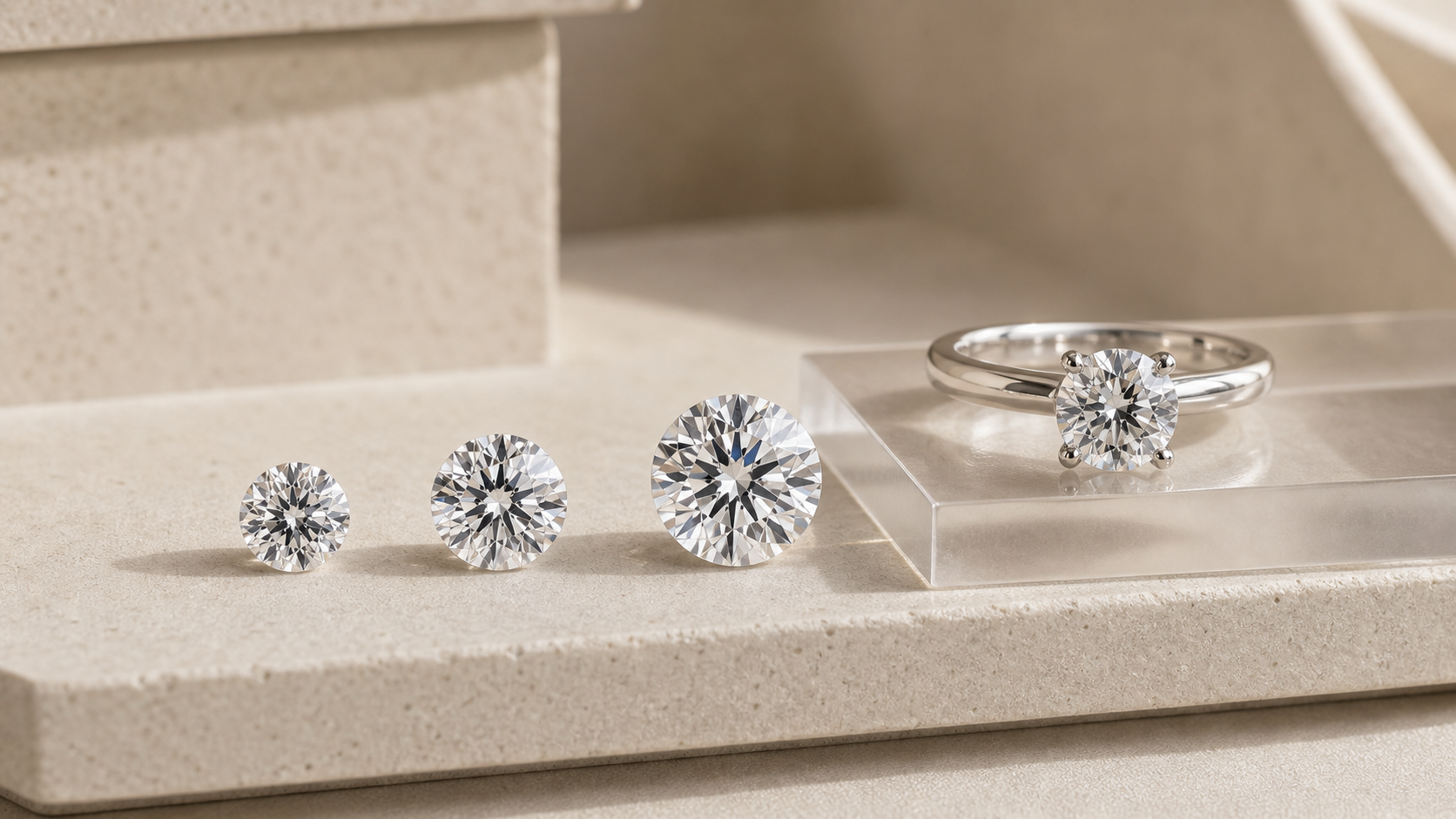 Loose diamonds in different carat sizes beside a solitaire engagement ring on warm stone.