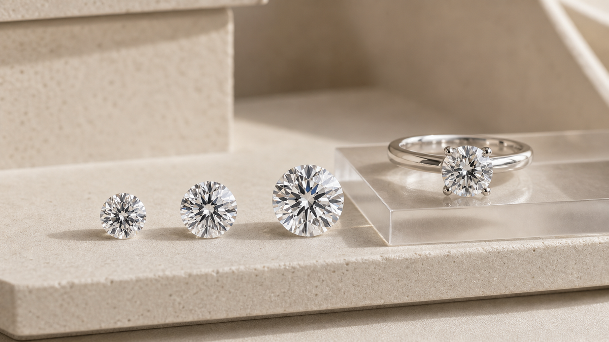 Loose diamonds in different carat sizes beside a solitaire engagement ring on warm stone.