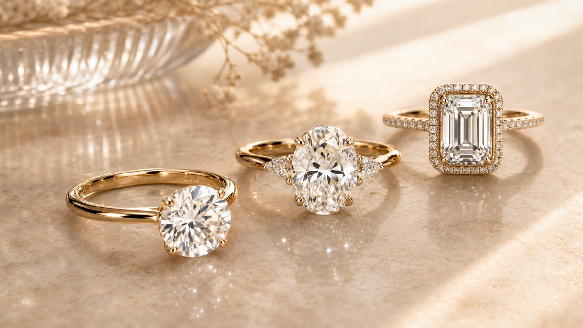 Round, oval, and emerald diamond engagement rings in warm light for a diamond cut vs shape guide.