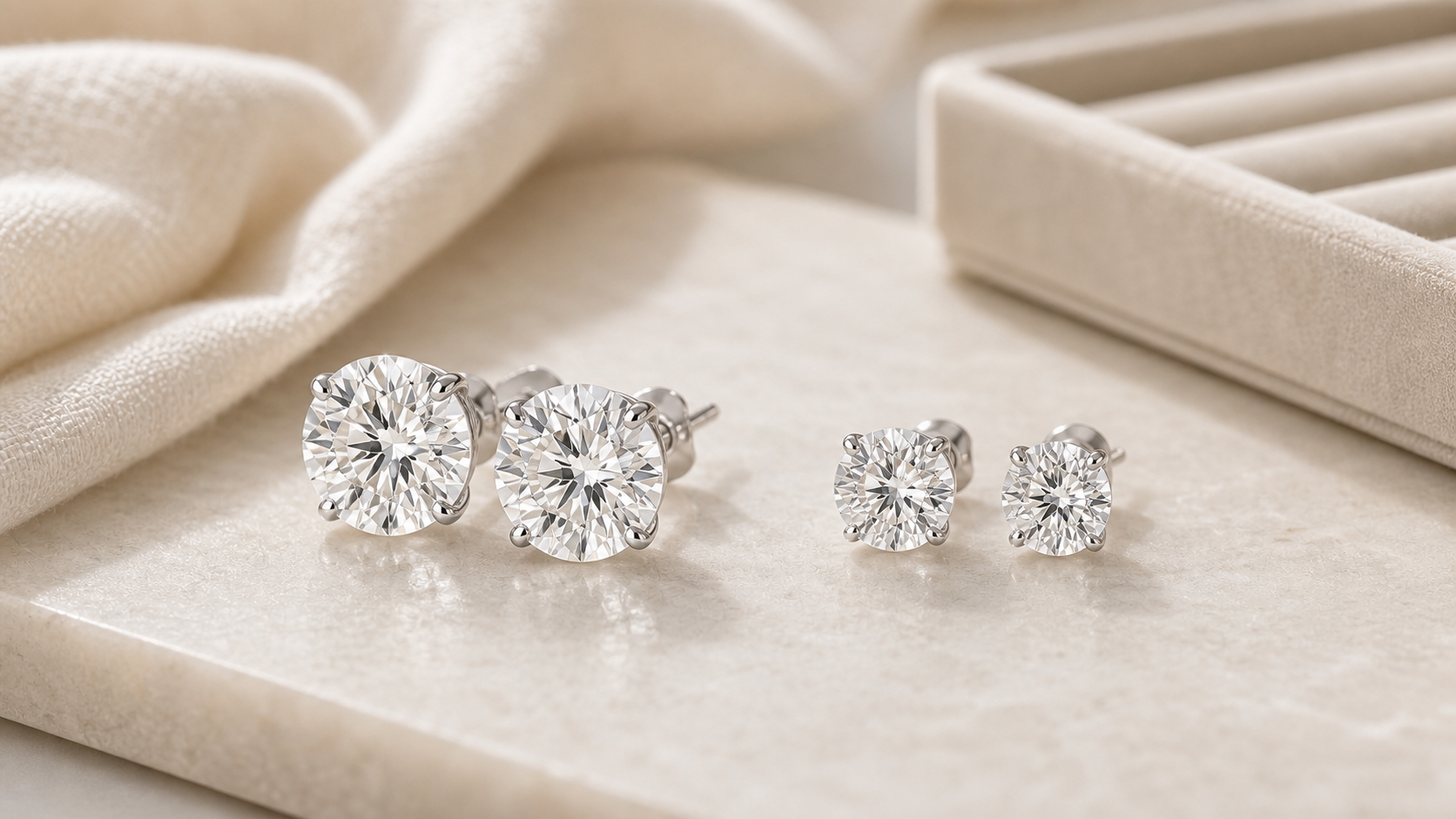 Diamond stud earrings in different sizes on a neutral jewelry surface