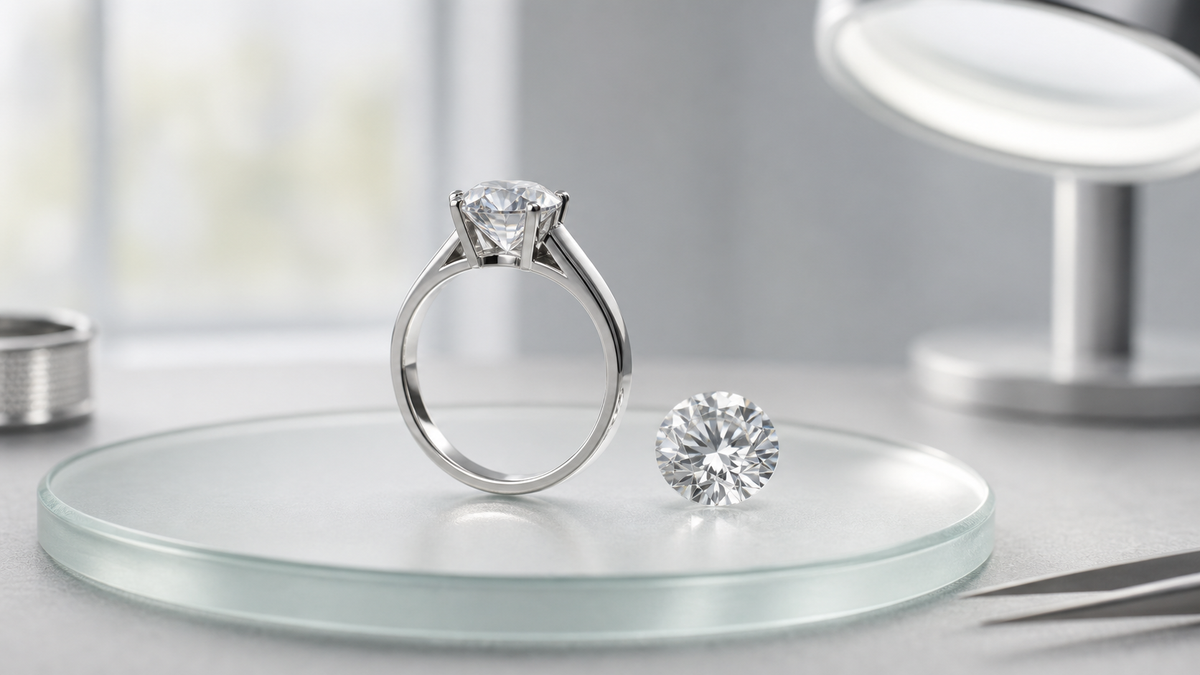 Lab-grown diamond ring and loose diamond under neutral color grading light for a color stability guide.