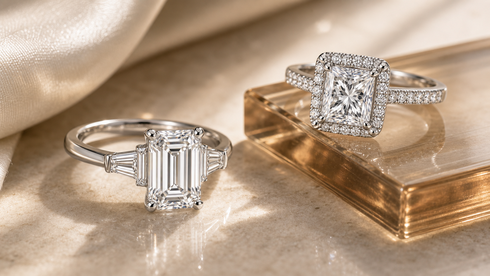 Emerald cut side-stone engagement ring and princess cut halo engagement ring in a warm commercial jewelry setting.