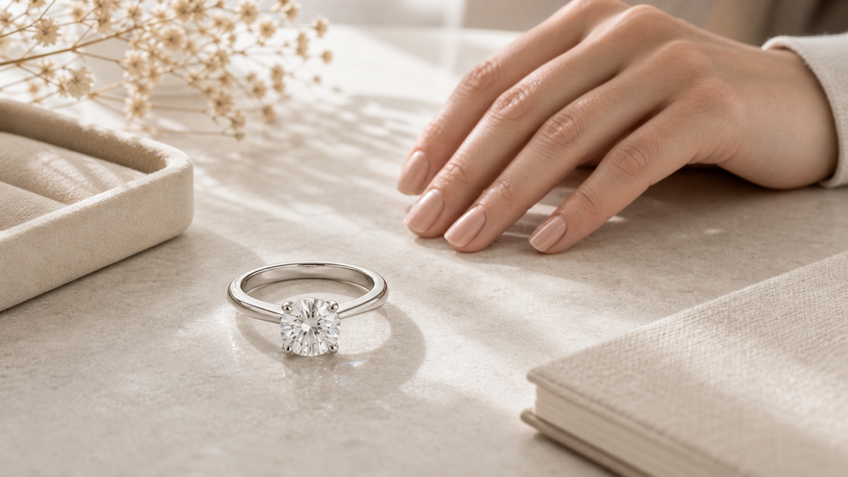Diamond engagement ring worn as the focal point for a guide to which hand engagement rings go on