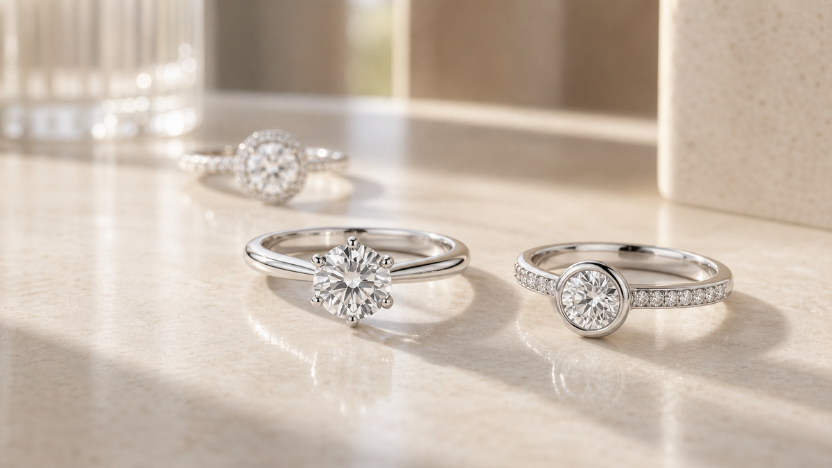 Two engagement ring setting styles on warm ivory stone showing prong and bezel designs for comparison.