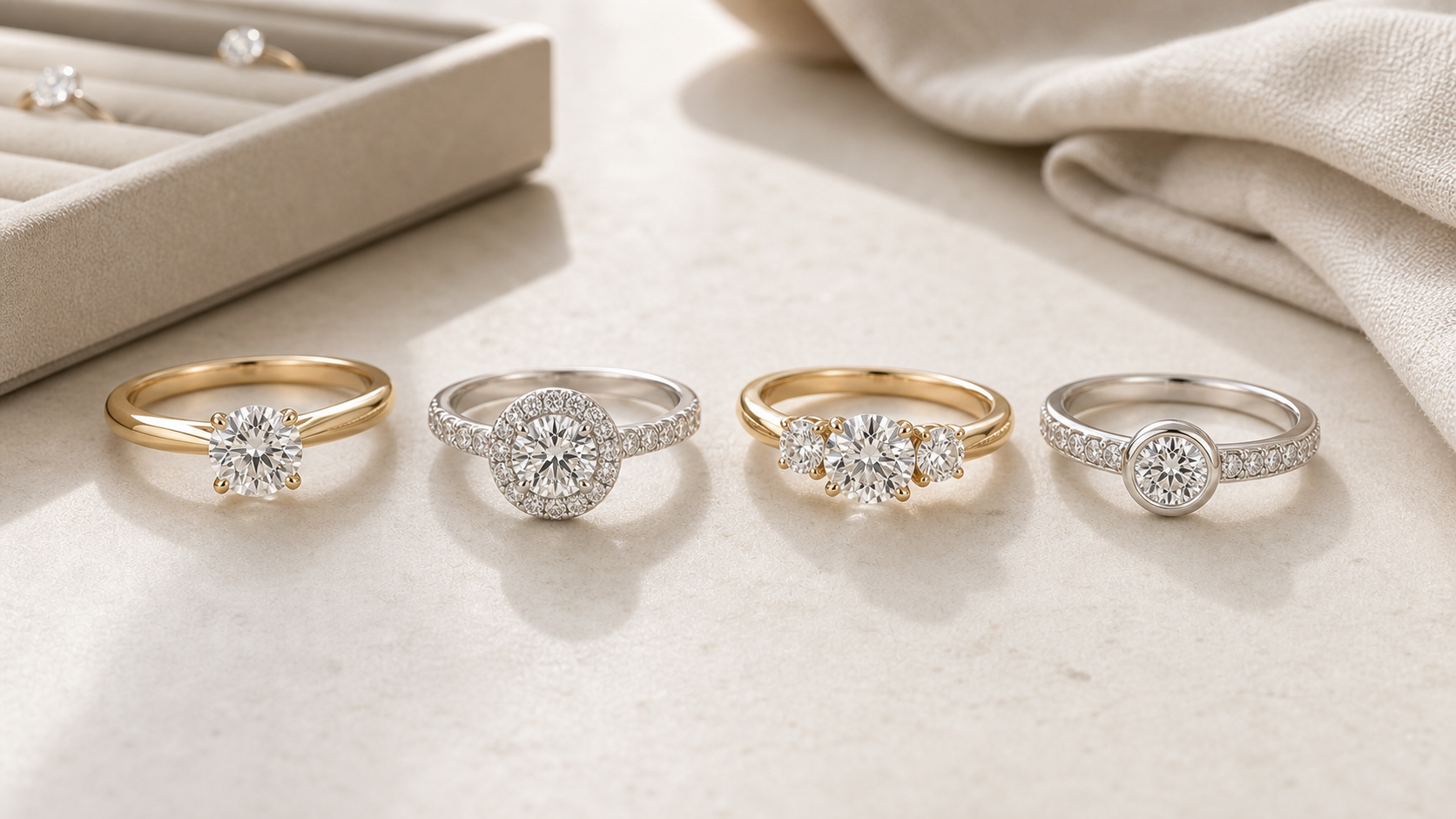 Four diamond engagement ring styles arranged on a neutral jewelry consultation desk