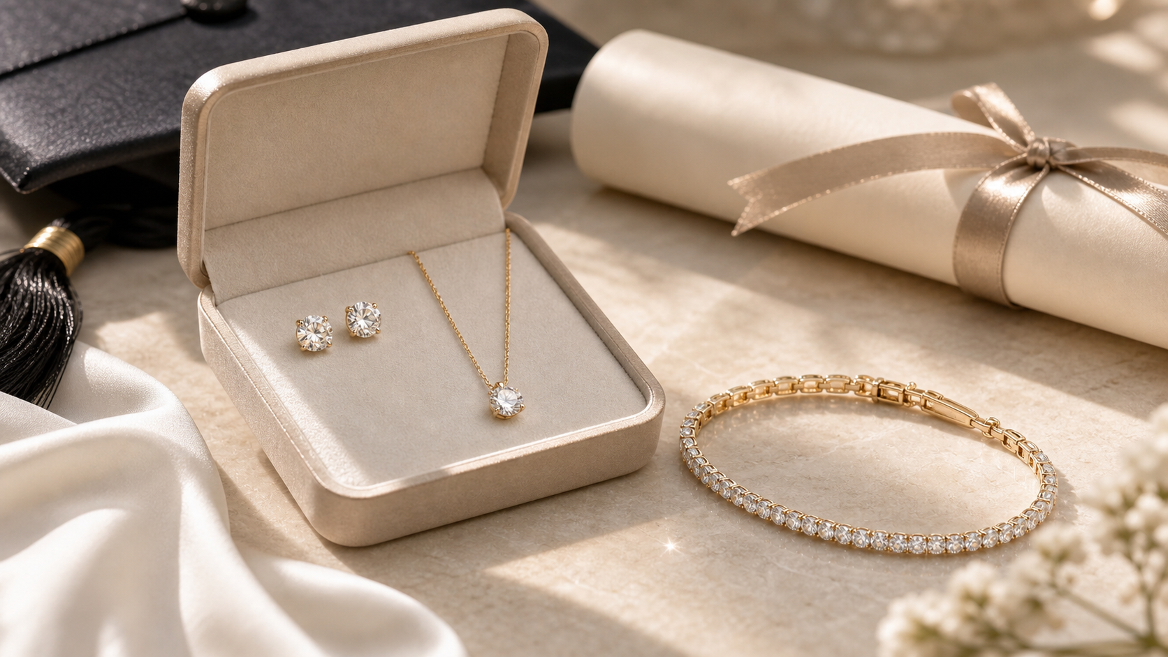 Diamond studs, pendant necklace, and bracelet arranged as graduation jewelry gifts beside a diploma.