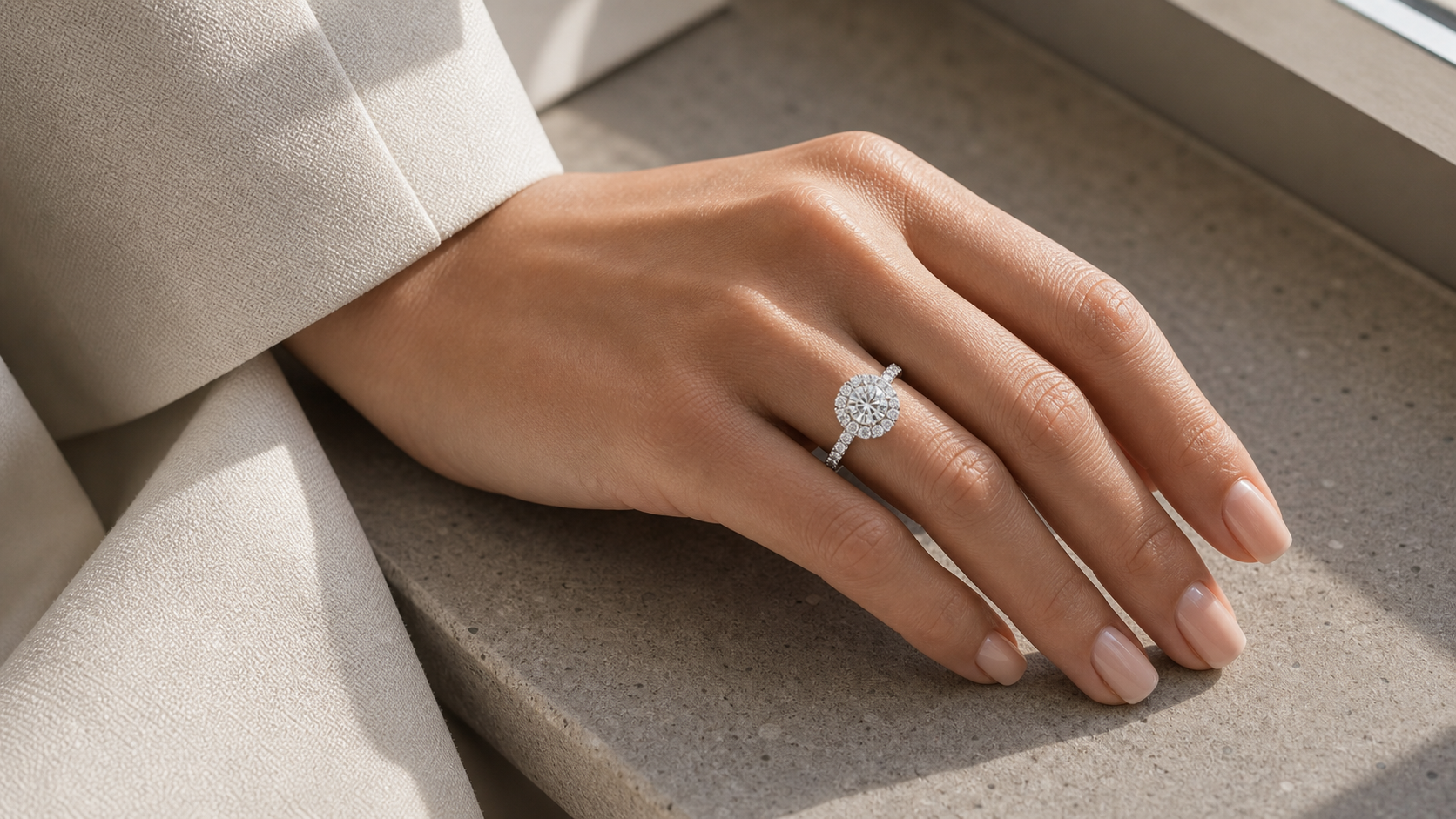 Halo engagement ring worn on a hand in soft daylight, showing the diamond halo around the center stone.