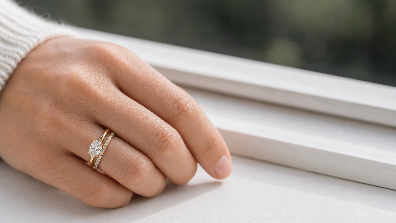 Wedding band stack with a lab-grown diamond engagement ring for a wedding band buying guide.