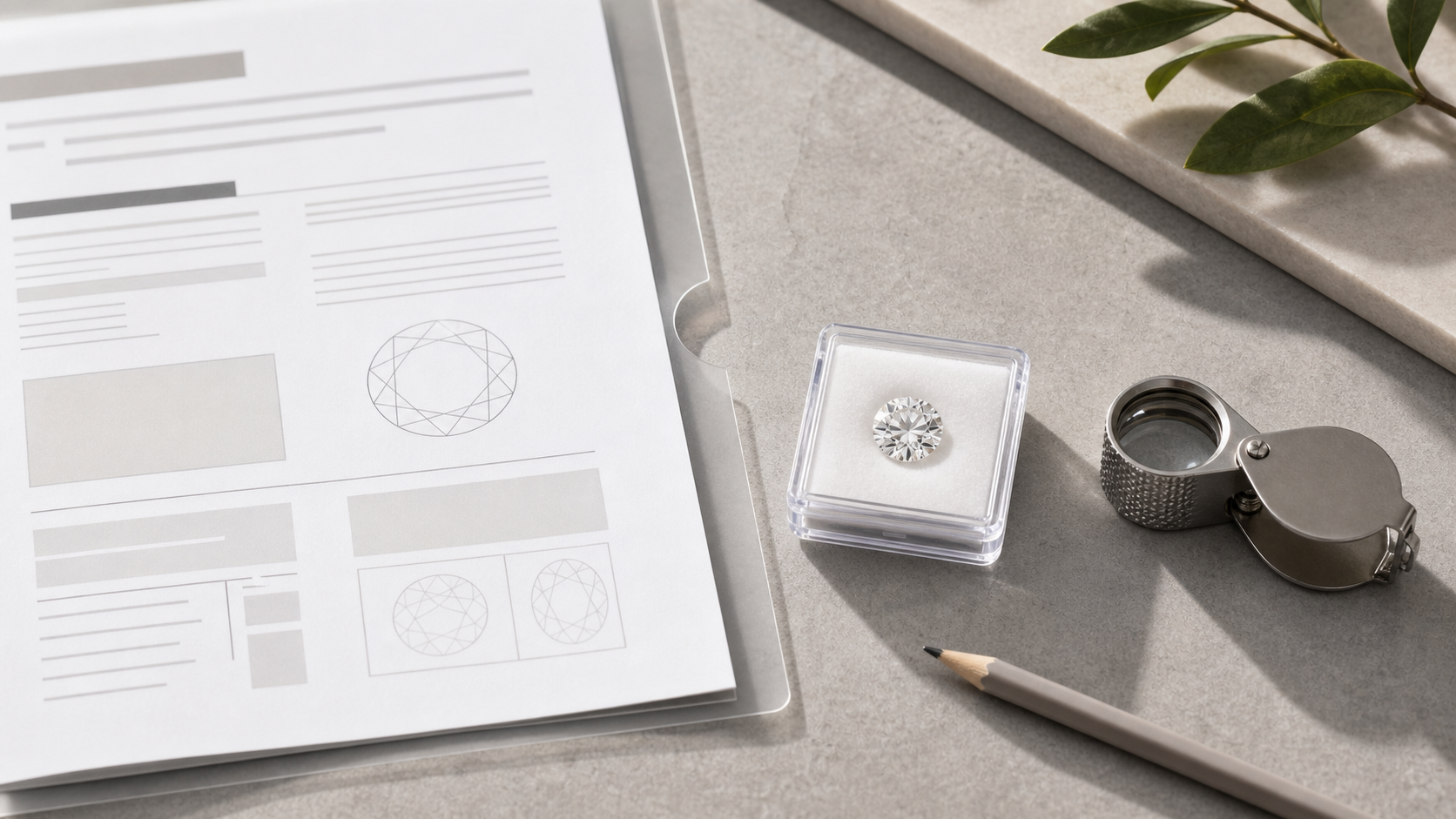 Loose lab-grown diamond beside a non-branded grading report and loupe for an IGI-certified diamond guide.