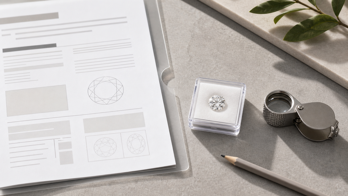 Loose lab-grown diamond beside a non-branded grading report and loupe for an IGI-certified diamond guide.