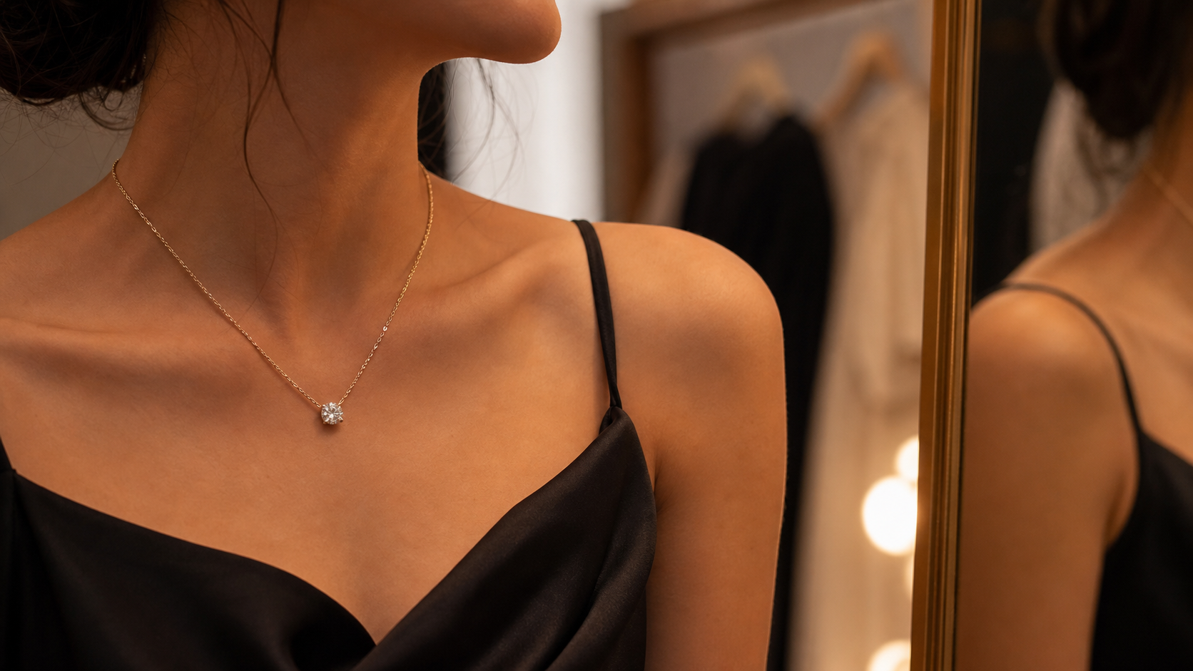 Lab-grown diamond necklace worn with an evening neckline under warm event-prep lighting.