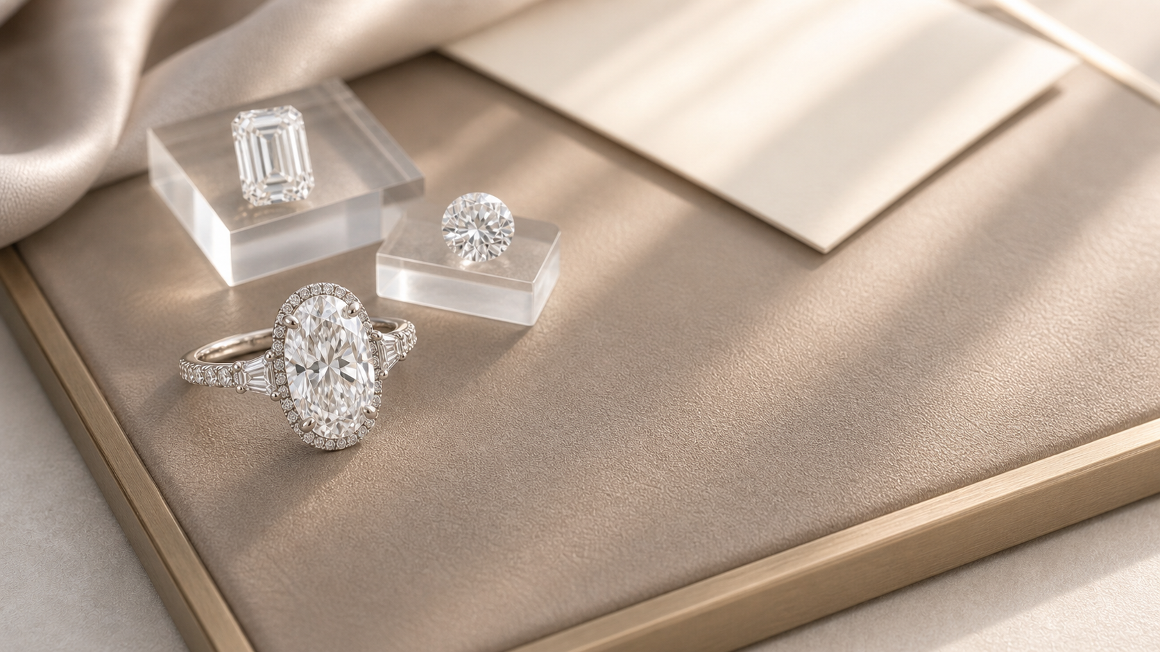 Oval lab-grown diamond engagement ring with loose emerald-cut and round diamonds on a warm taupe jewelry tray.