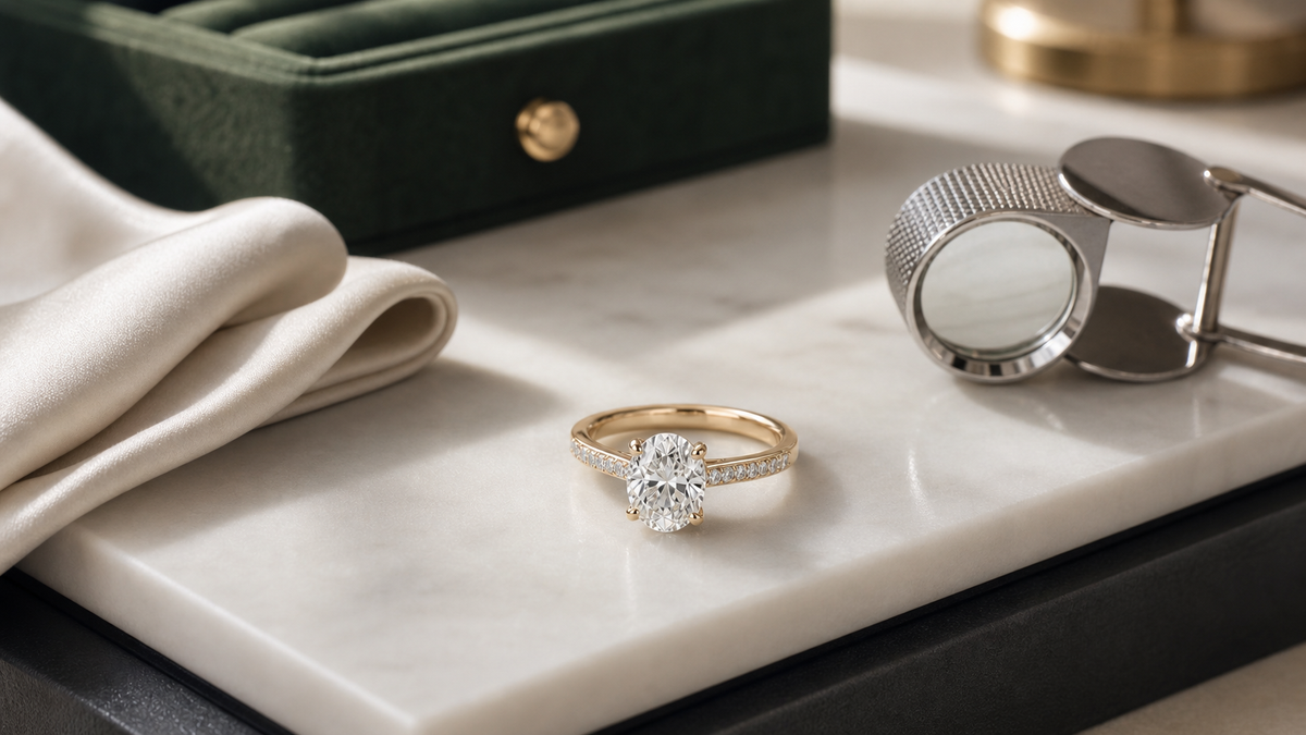 Lab-grown diamond ring on a refined jewelry surface with silk cloth and inspection loupe