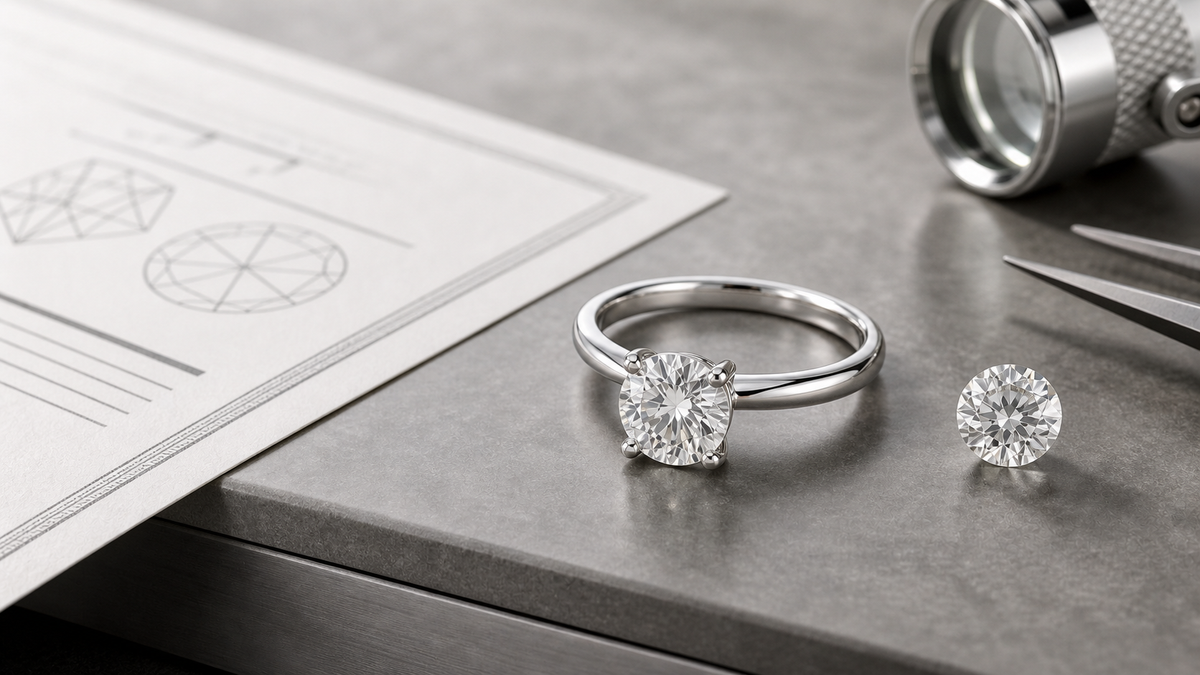 Lab-grown diamond ring with a loose diamond and certificate-style document under cool precision lighting.