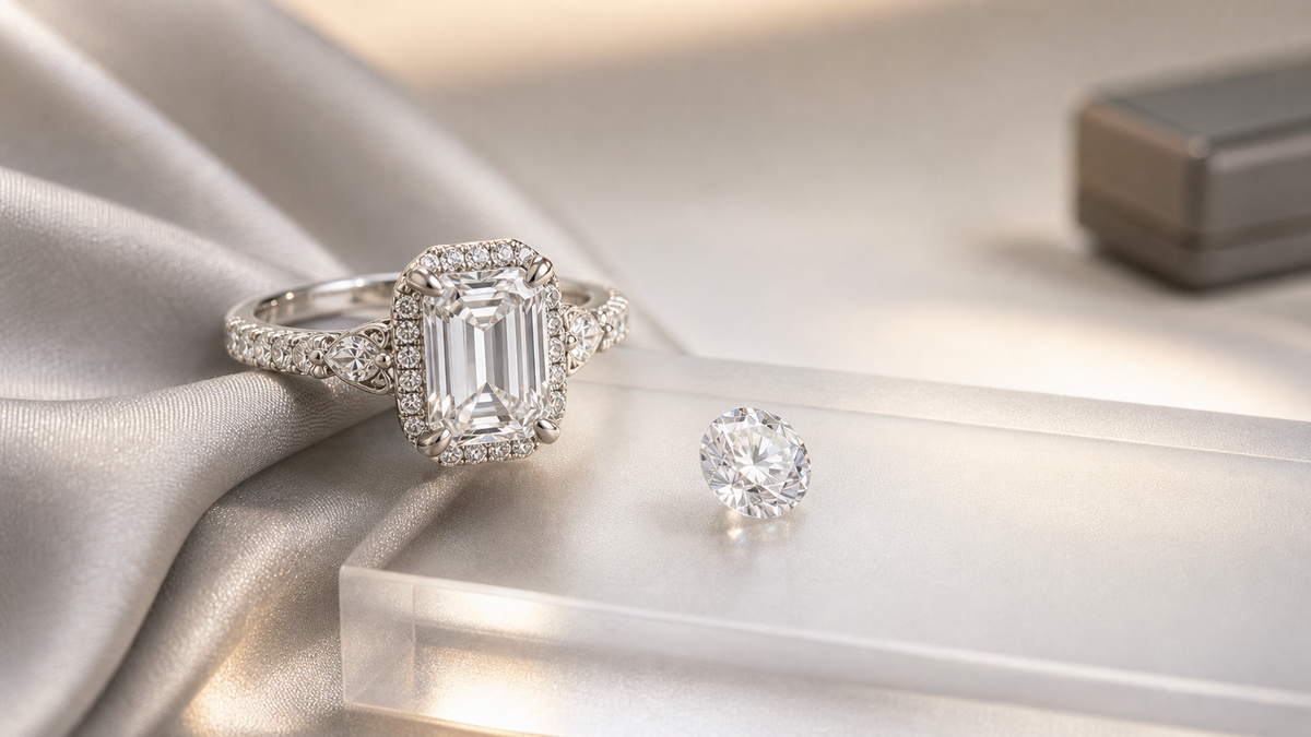 Editorial lab-grown diamond ring and loose diamond on pearl-grey silk with soft daylight.