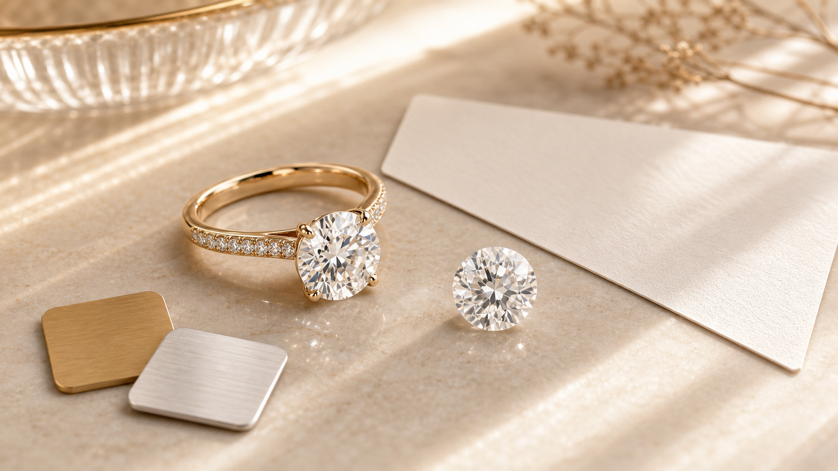 Lab-grown diamond engagement ring with loose diamond, blank specification card, and metal swatches on warm stone.