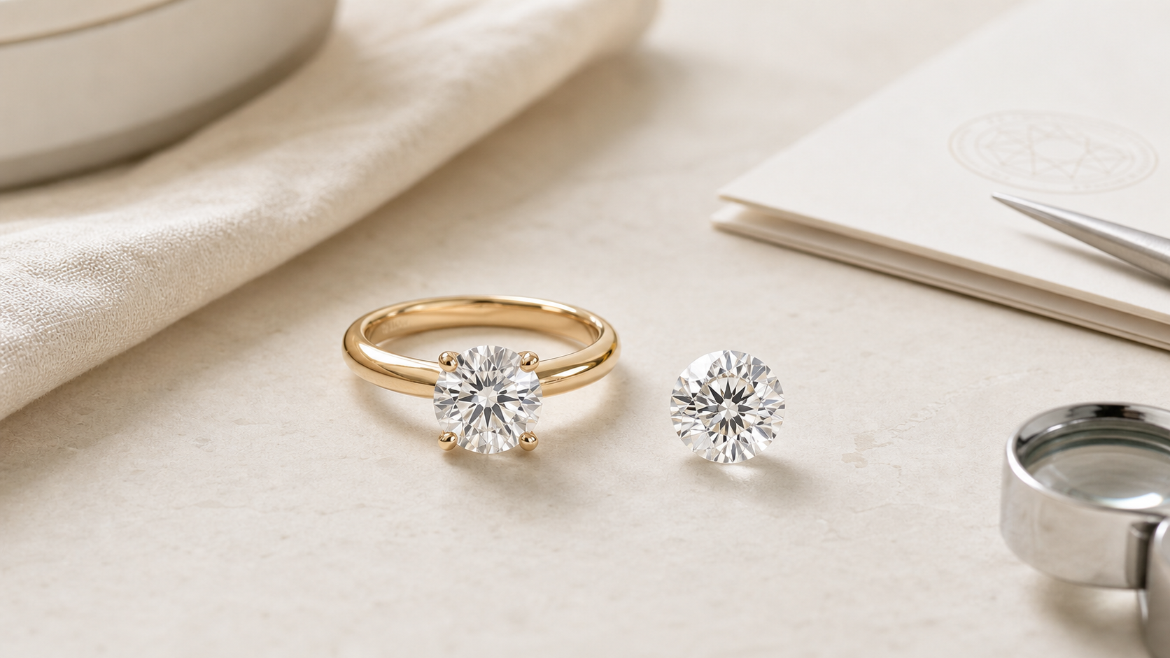 Lab grown diamond engagement ring and loose diamond on a neutral jewelry consultation desk