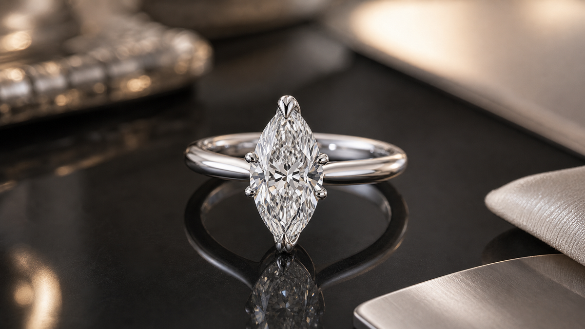Marquise lab-grown diamond engagement ring with V-prongs protecting the pointed tips.