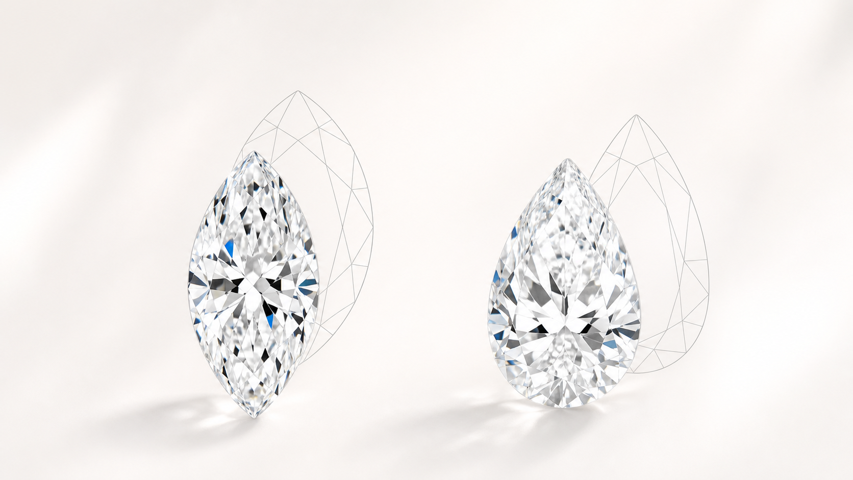 Marquise cut and pear cut loose diamonds with subtle outline drawings on a warm white surface.