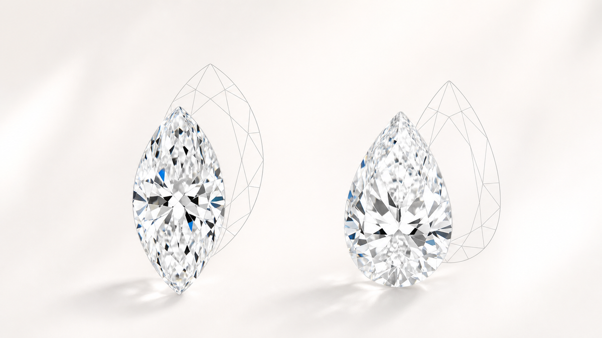 Marquise cut and pear cut loose diamonds with subtle outline drawings on a warm white surface.