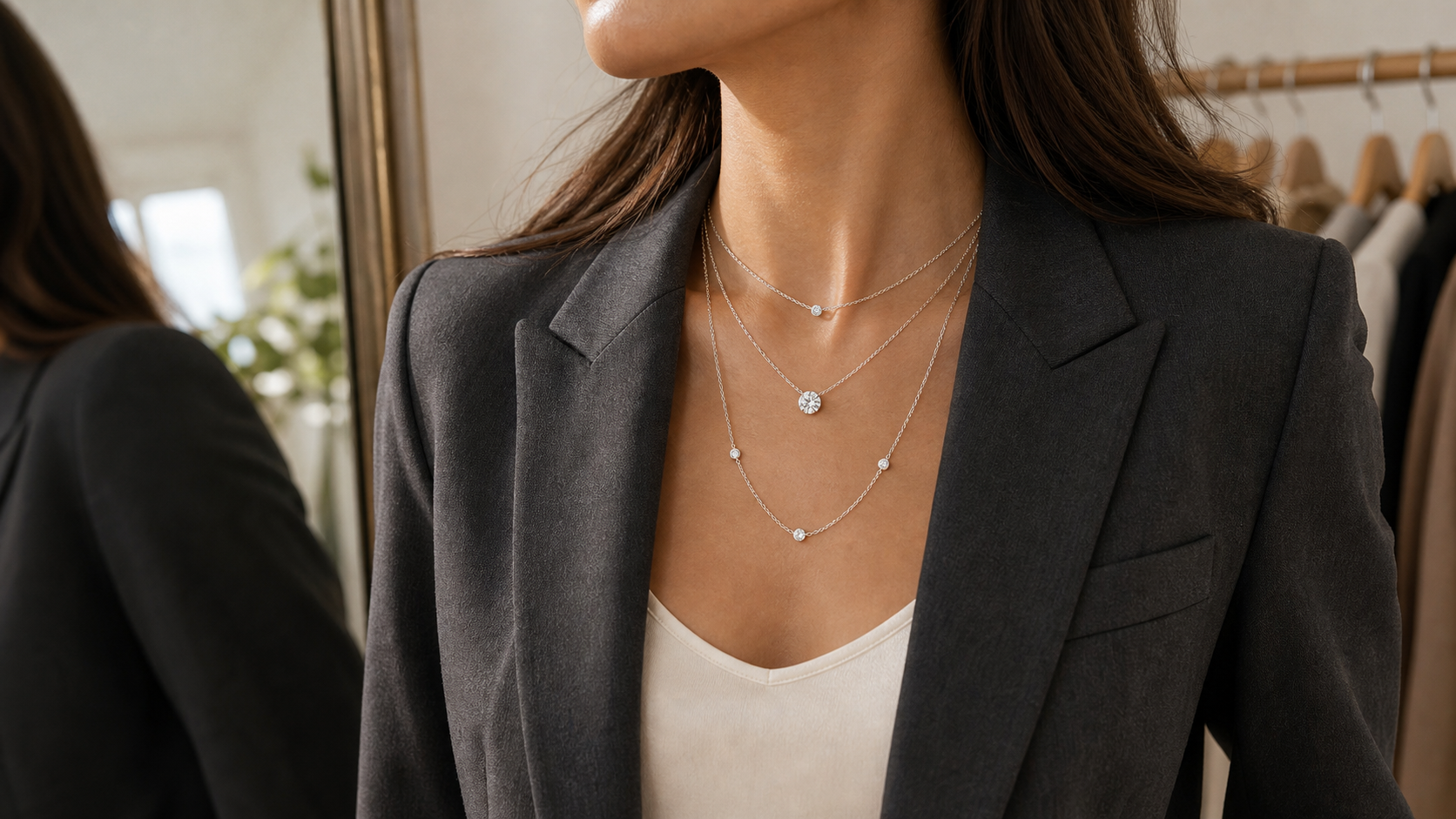 Layered diamond necklaces worn at different lengths with a charcoal blazer and ivory neckline.
