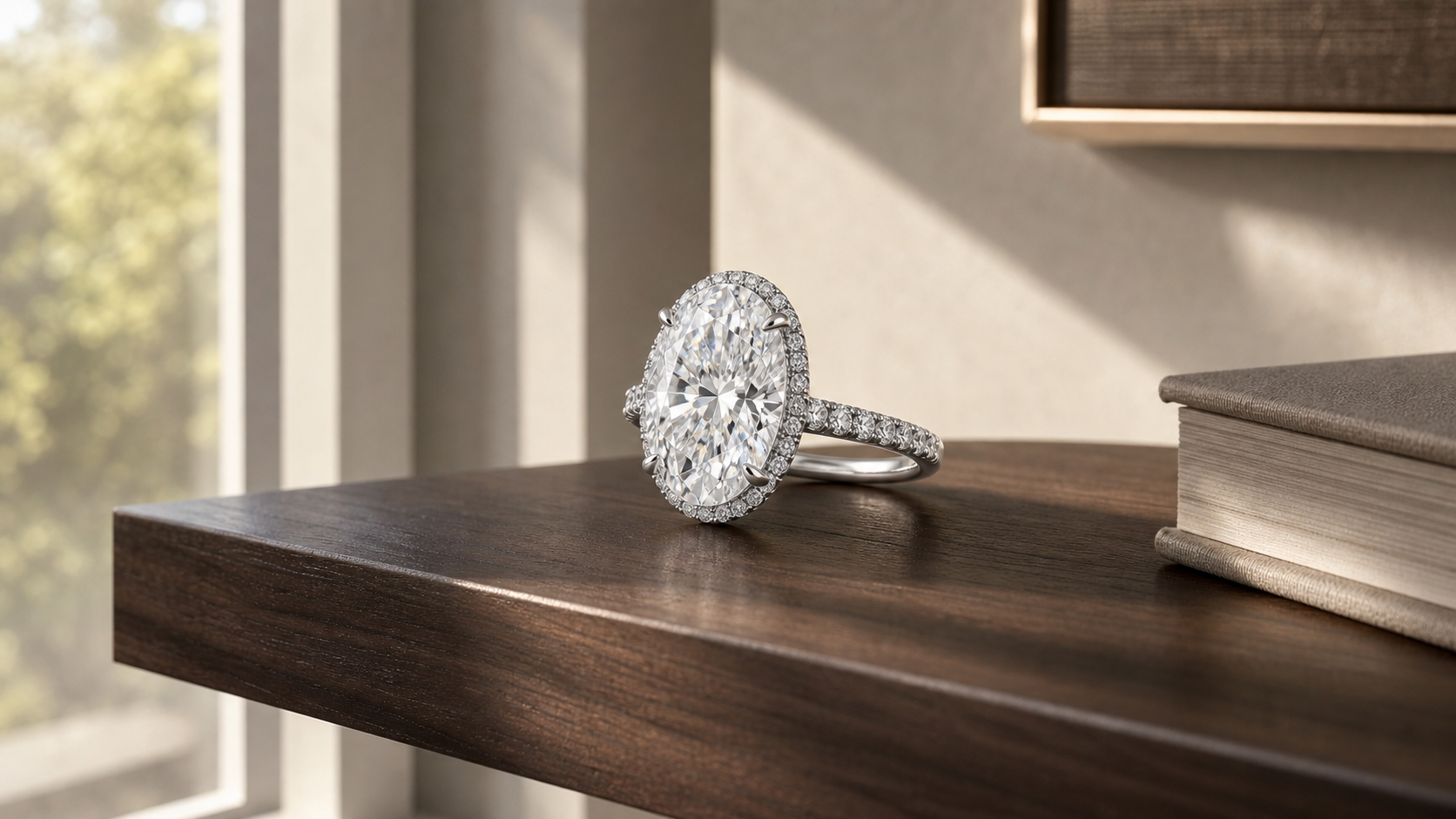Oval lab-grown diamond engagement ring with a hidden halo on a dark wood shelf in warm window light.