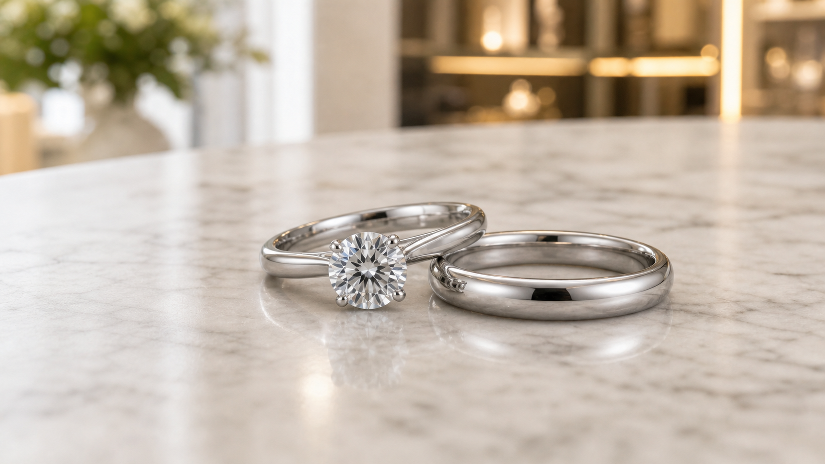 Platinum lab-grown diamond engagement ring and wedding band with a realistic round brilliant diamond.