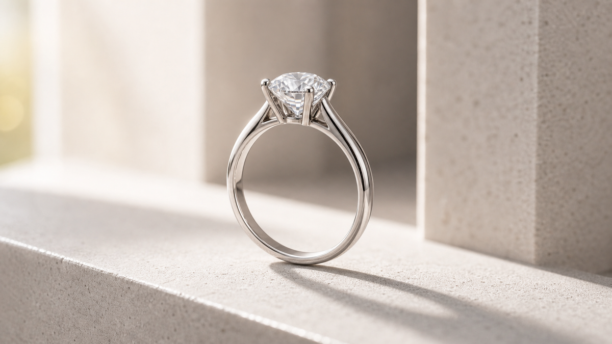 Prong-set diamond engagement ring on pale stone with four visible prongs and open gallery detail.