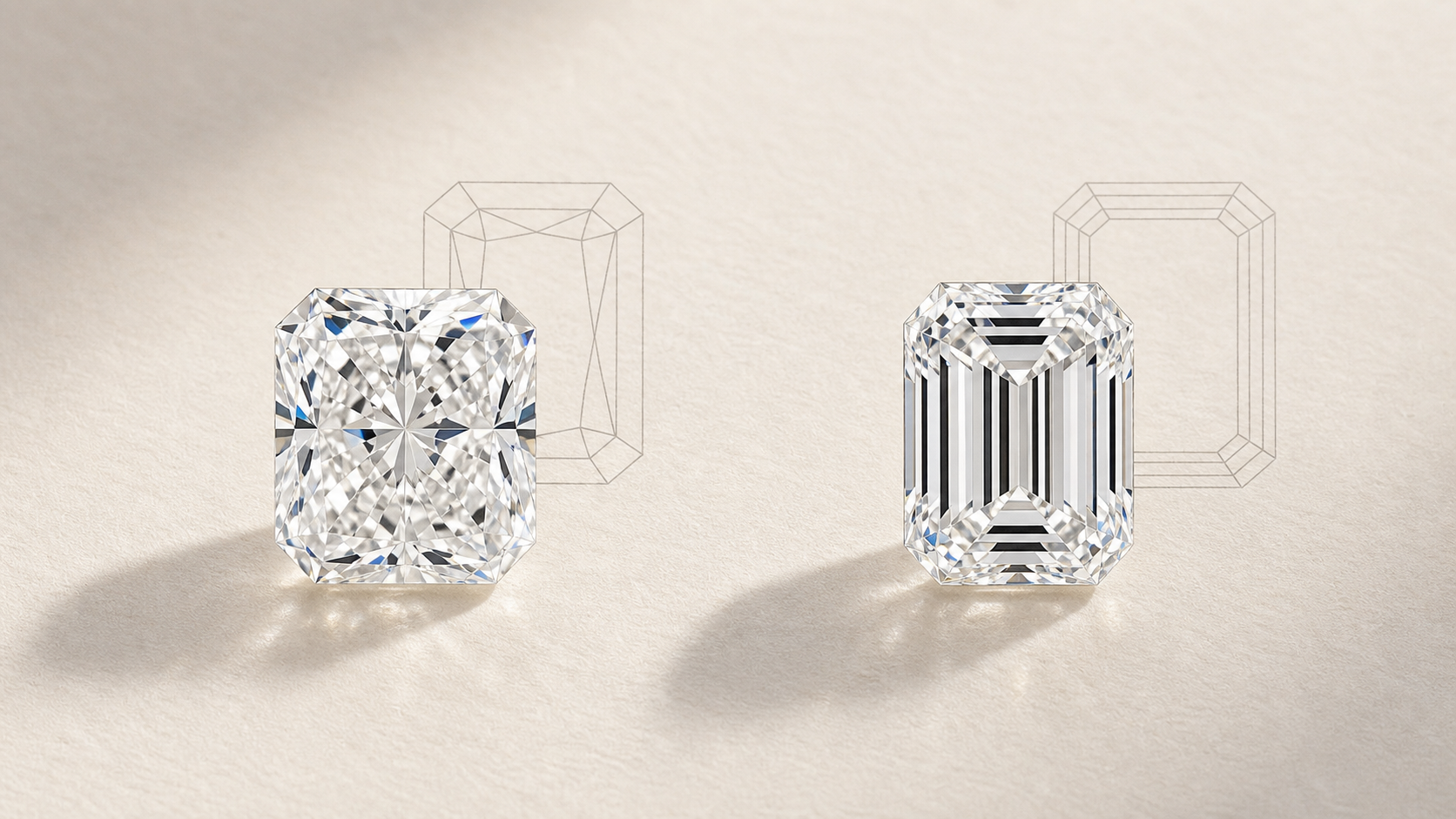 Radiant cut and emerald cut loose diamonds with subtle cut outline drawings on a warm off-white surface.
