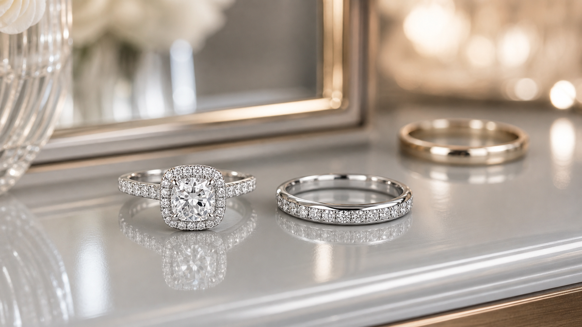 Bright rhodium-plated white gold diamond ring and matching band on a reflective dressing table.