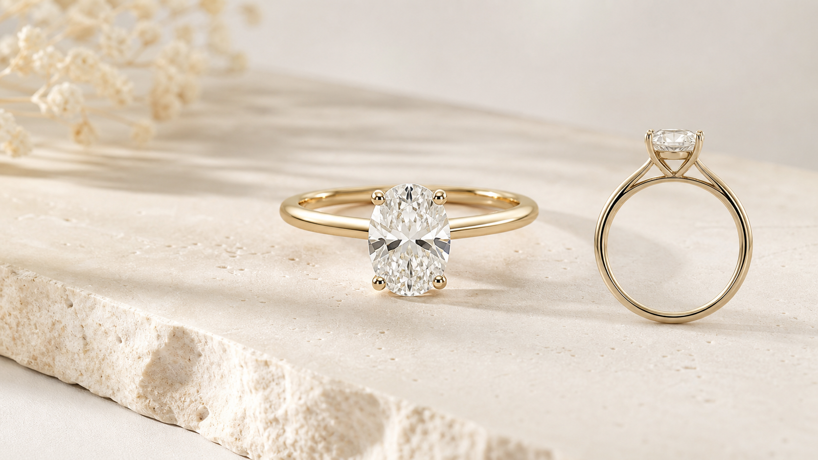 Editorial close-up of a lab-grown diamond engagement ring showing the center stone, band, and setting.
