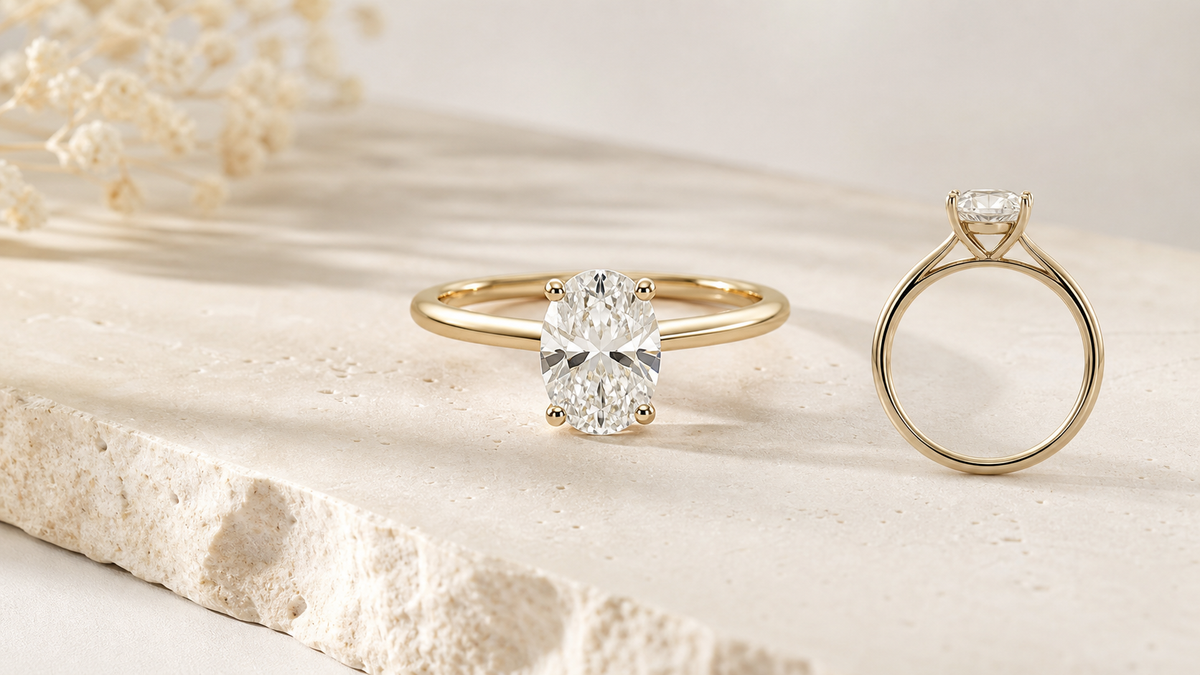 Editorial close-up of a lab-grown diamond engagement ring showing the center stone, band, and setting.