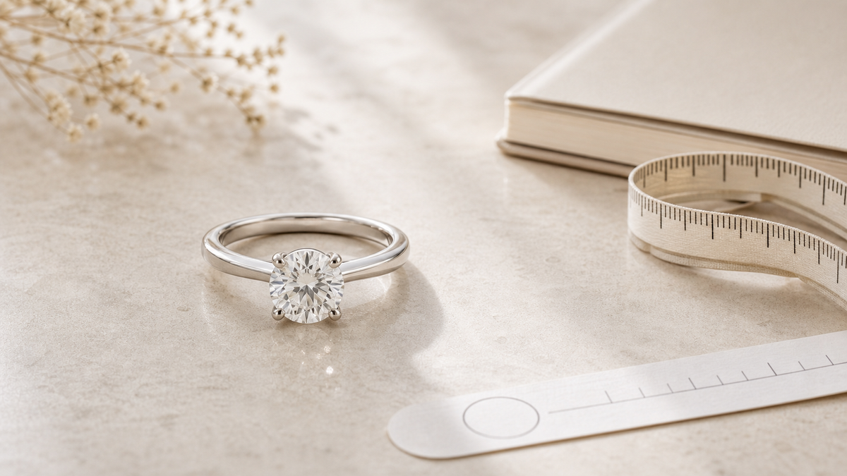Diamond engagement ring for a surprise proposal with discreet ring size measuring tools