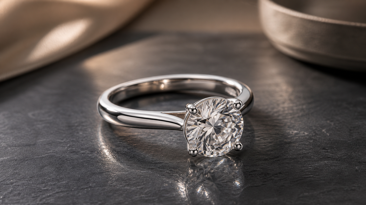 Round brilliant cut lab-grown diamond engagement ring with dimensional facets and a raised center stone.