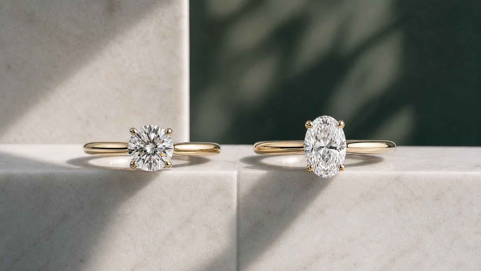 Round and oval lab-grown diamond engagement rings compared side by side.