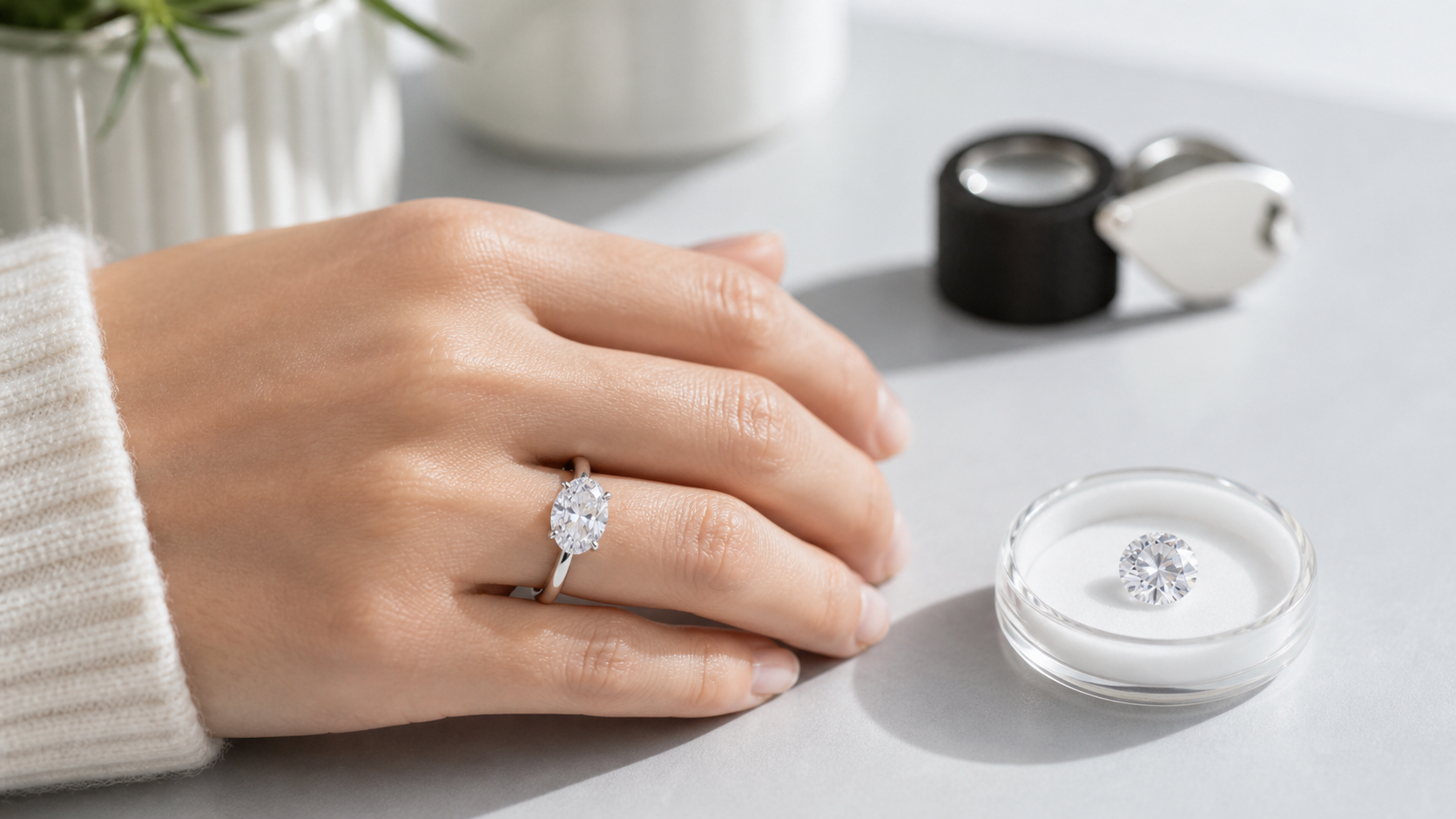 Lab-grown diamond ring beside a diamond simulant for a simulated diamonds comparison guide.