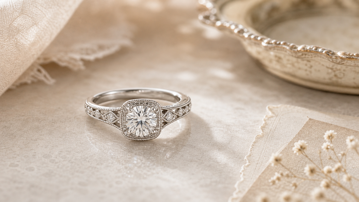 Vintage style diamond engagement ring with milgrain details as the focal point