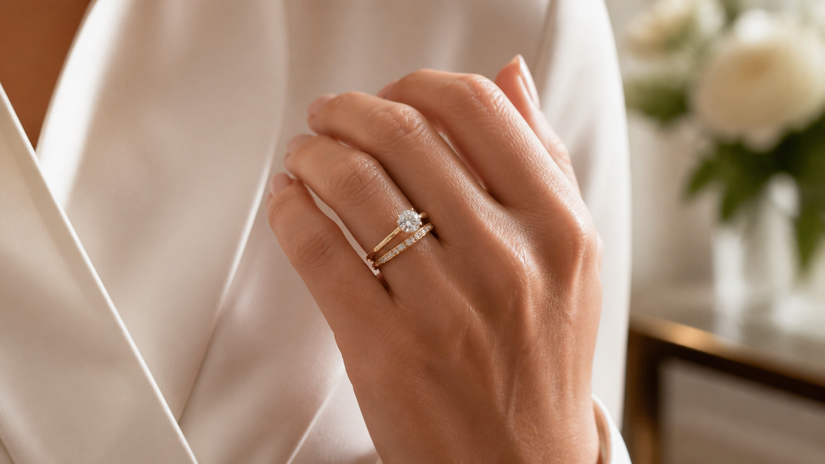 Engagement ring and wedding band worn together as a balanced bridal stack in soft daylight.