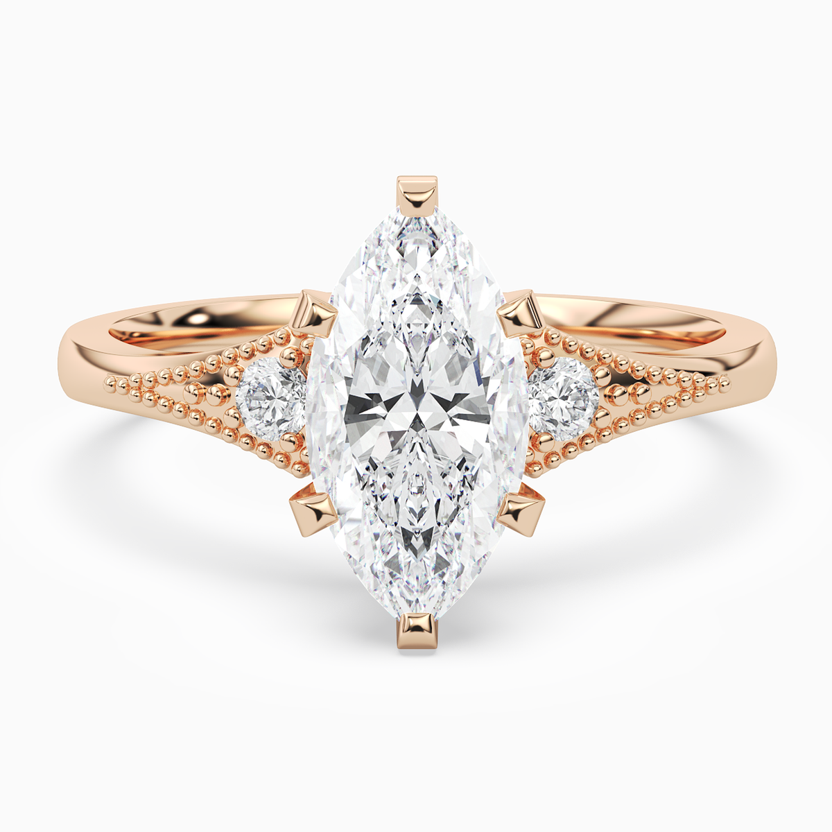 Marquise Milgrain Shoulder Side Stone Ring in 14K Rose Gold main white