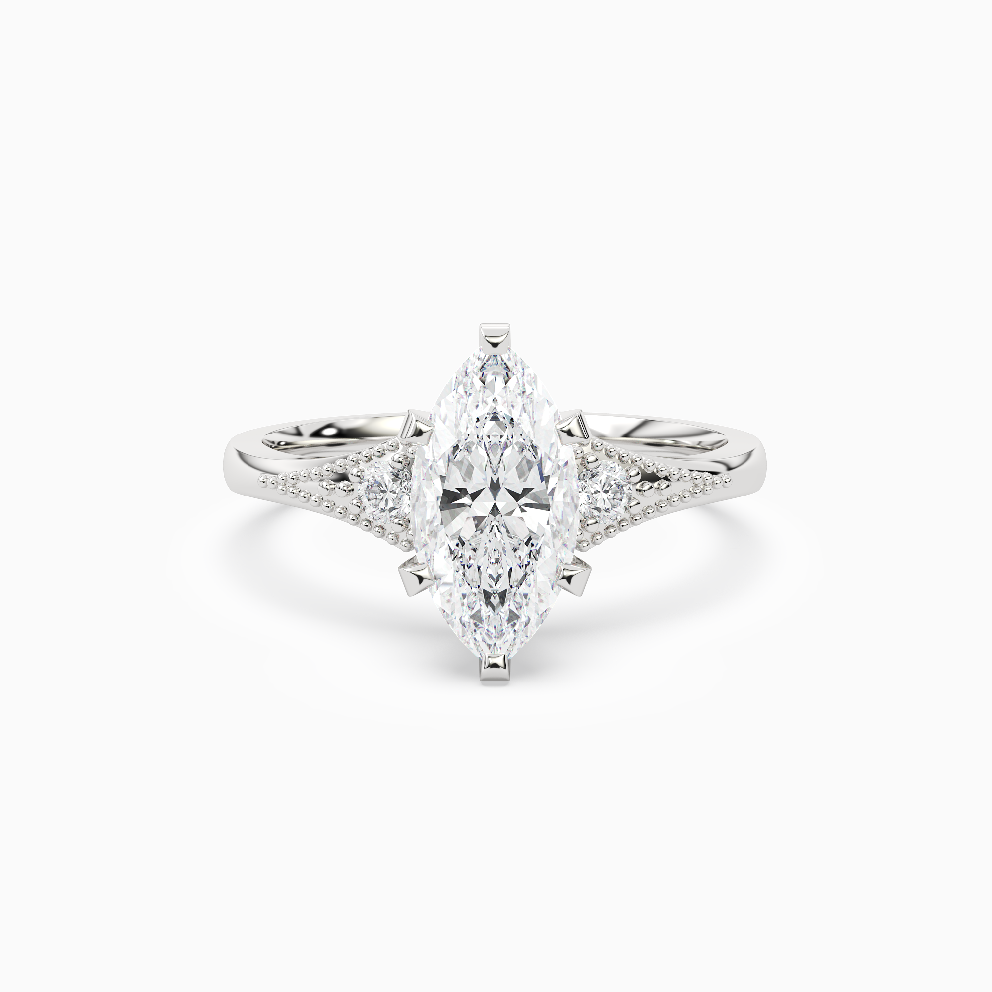 Marquise Milgrain Shoulder Side Stone Ring in 14K White Gold main white