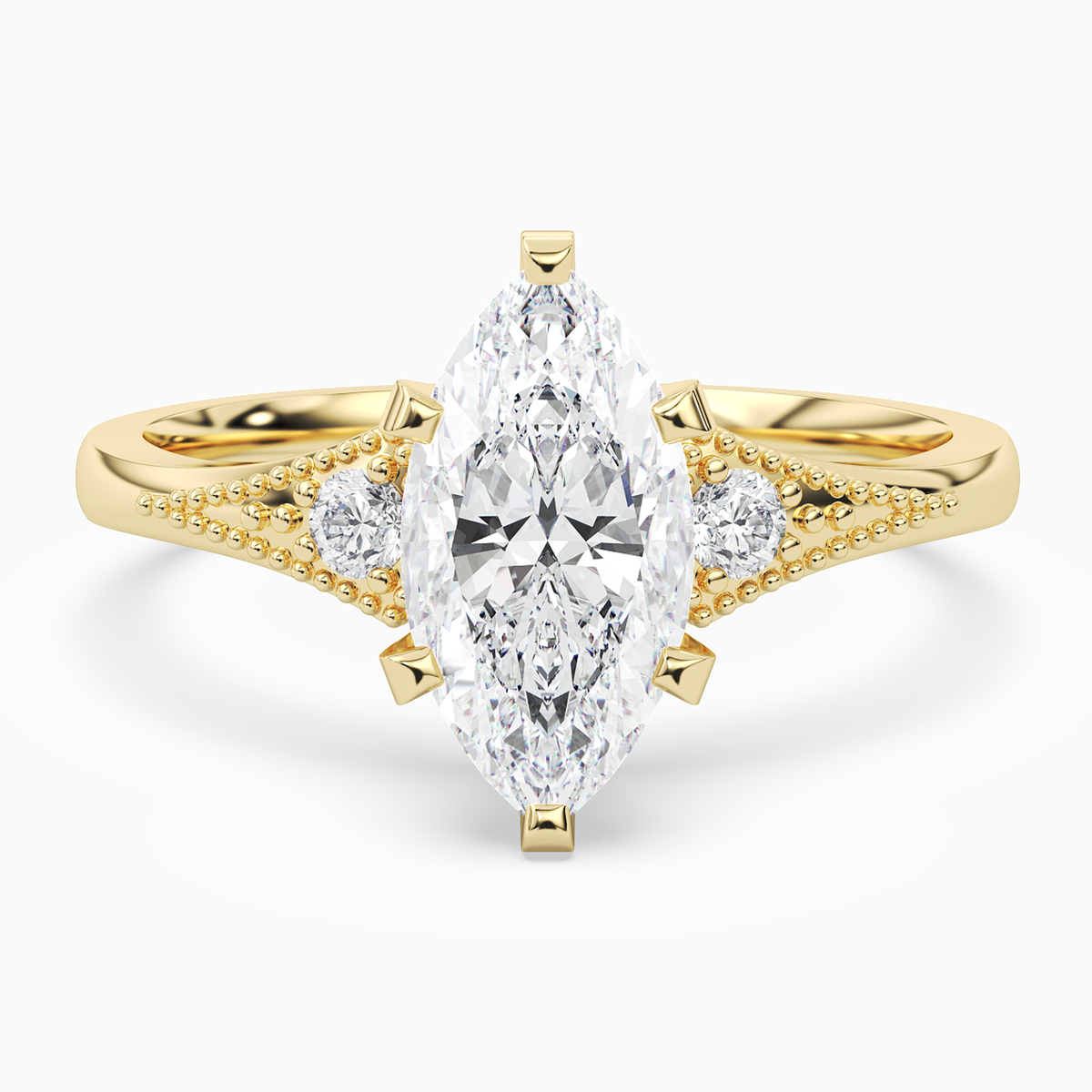 Marquise Milgrain Shoulder Side Stone Ring in 14K Yellow Gold main white