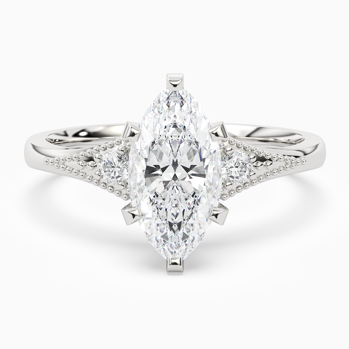 Marquise Milgrain Shoulder Side Stone Ring in 18K White Gold main white