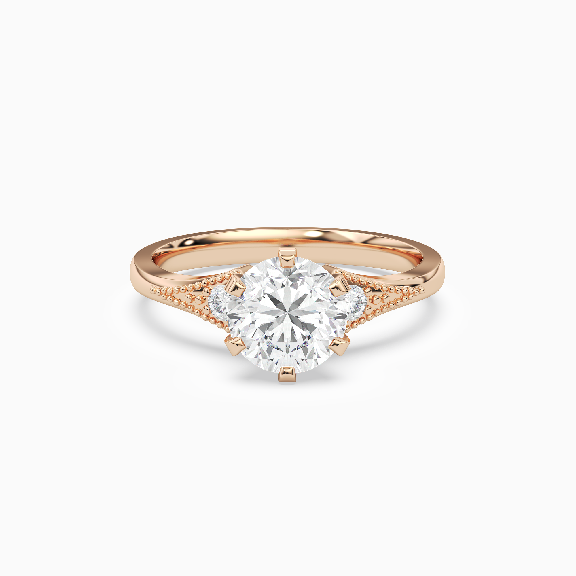 Round Milgrain Shoulder Side Stone Ring in 14K Rose Gold main white