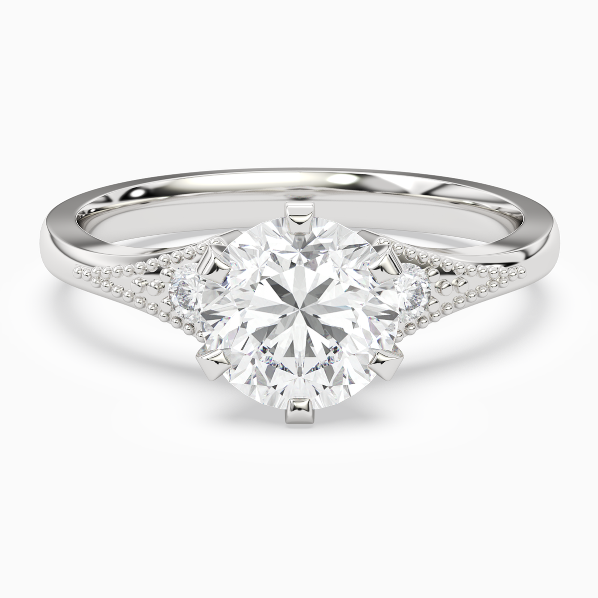 Round Milgrain Shoulder Side Stone Ring in 14K White Gold main white