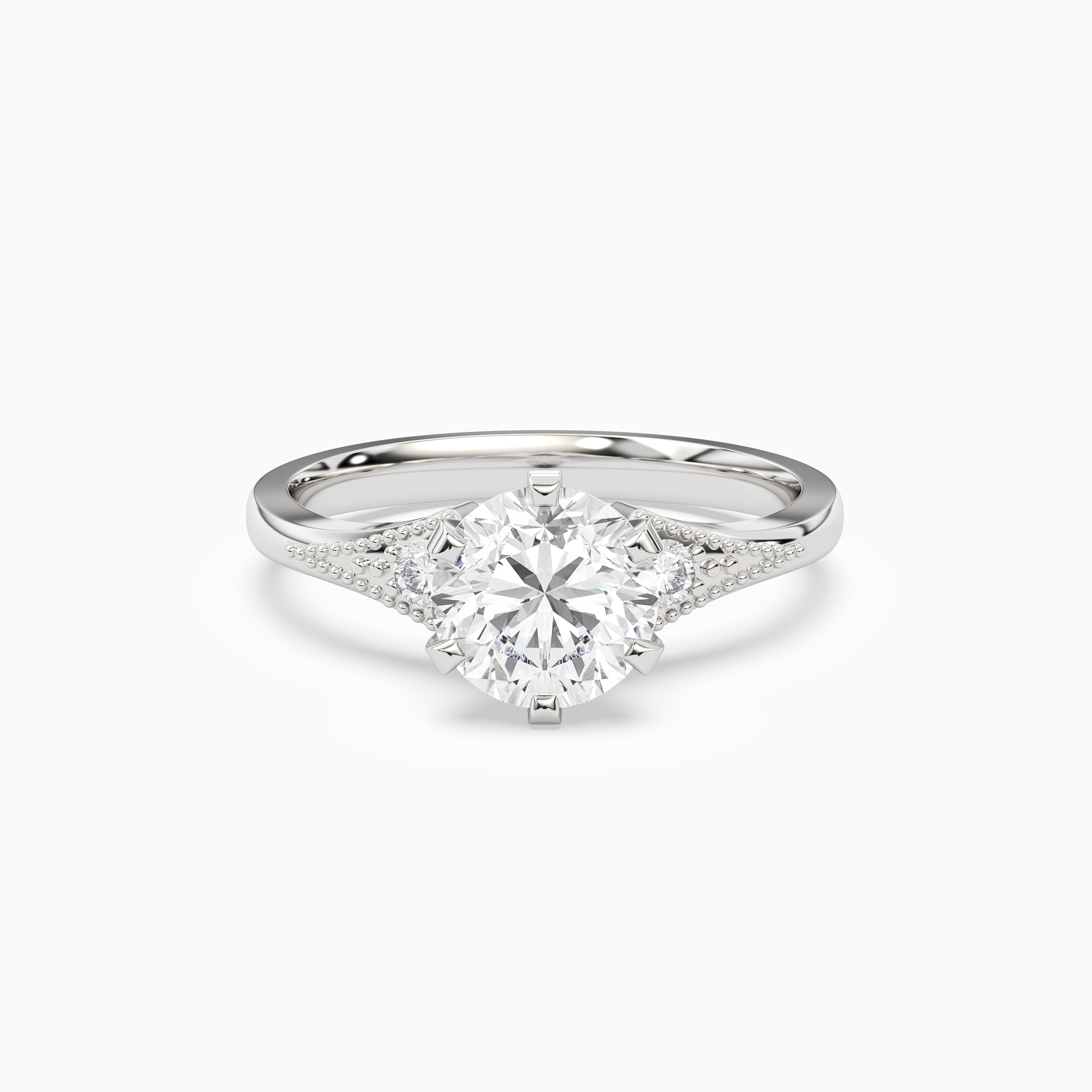 Round Milgrain Shoulder Side Stone Ring in 18K White Gold main white