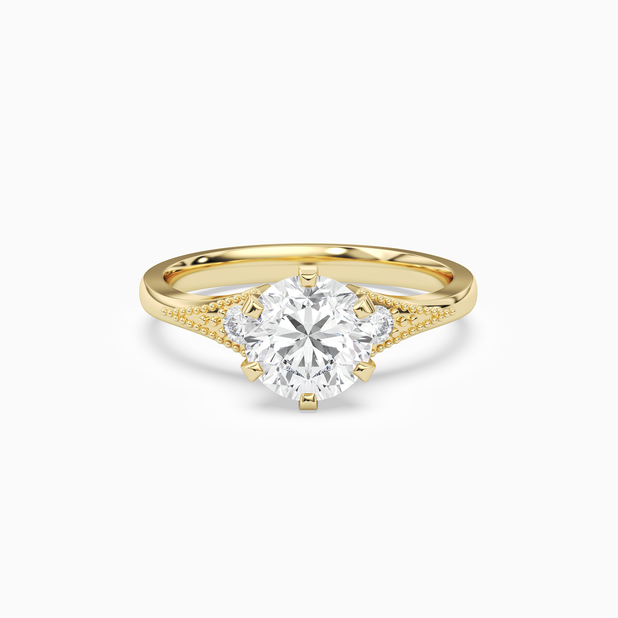 Round Milgrain Shoulder Side Stone Ring in 18K Yellow Gold main white