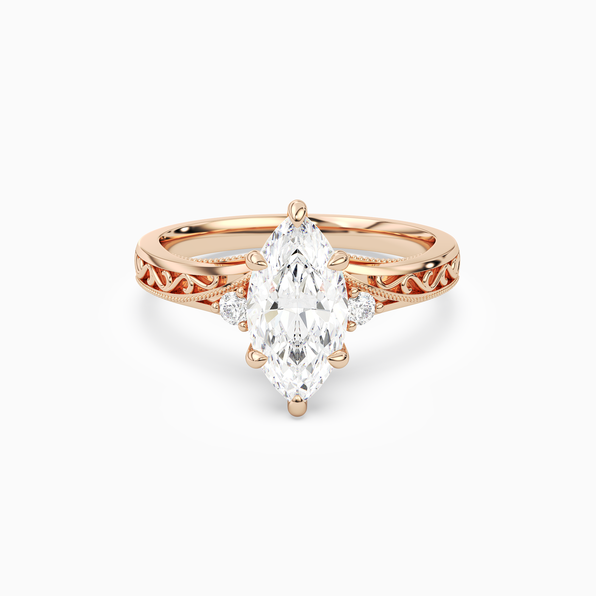 Marquise Engraved Vintage Side Stone Ring in 14K Rose Gold main white
