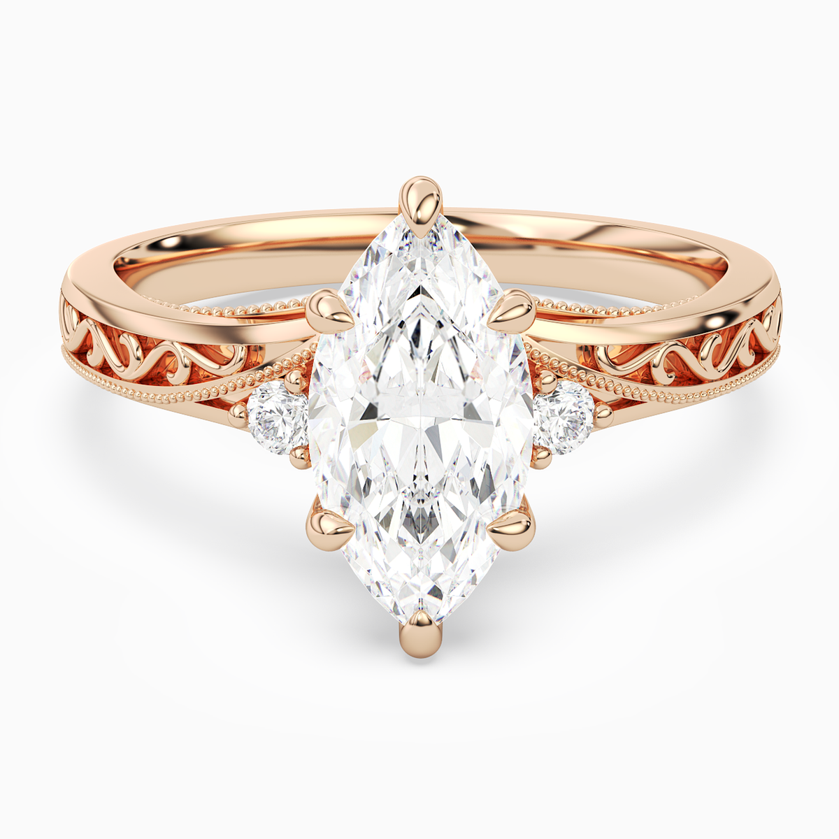 Marquise Engraved Vintage Side Stone Ring in 14K Rose Gold main white