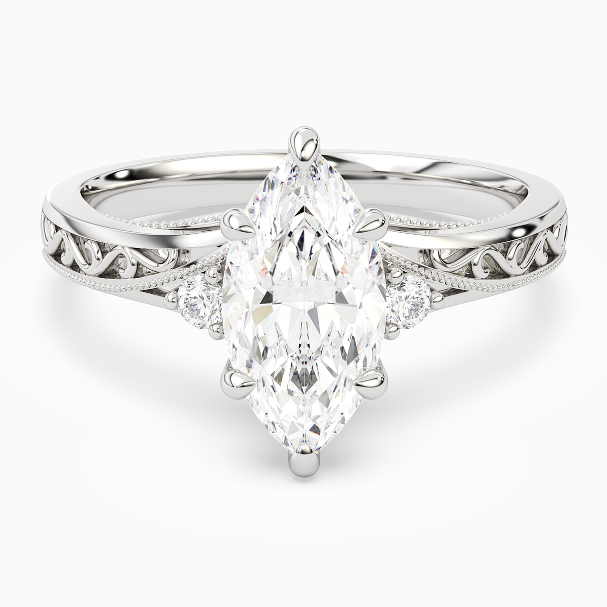 Marquise Engraved Vintage Side Stone Ring in 14K White Gold main white
