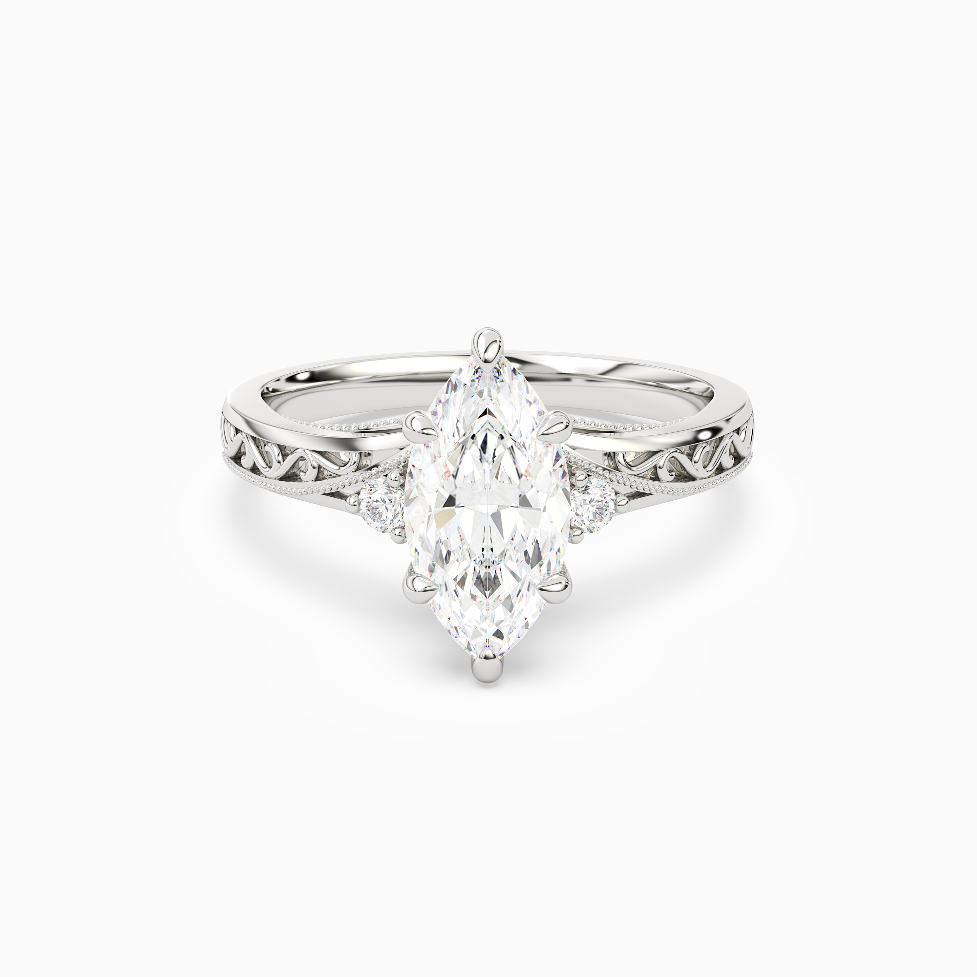 Marquise Engraved Vintage Side Stone Ring in 18K White Gold main white